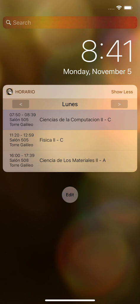 Estudiantes Galileo - Widget de teléfono móvil que muestra el horario de clases universitario diario de un estudiante, incluyendo nombres de cursos, horarios y ubicaciones de las aulas.