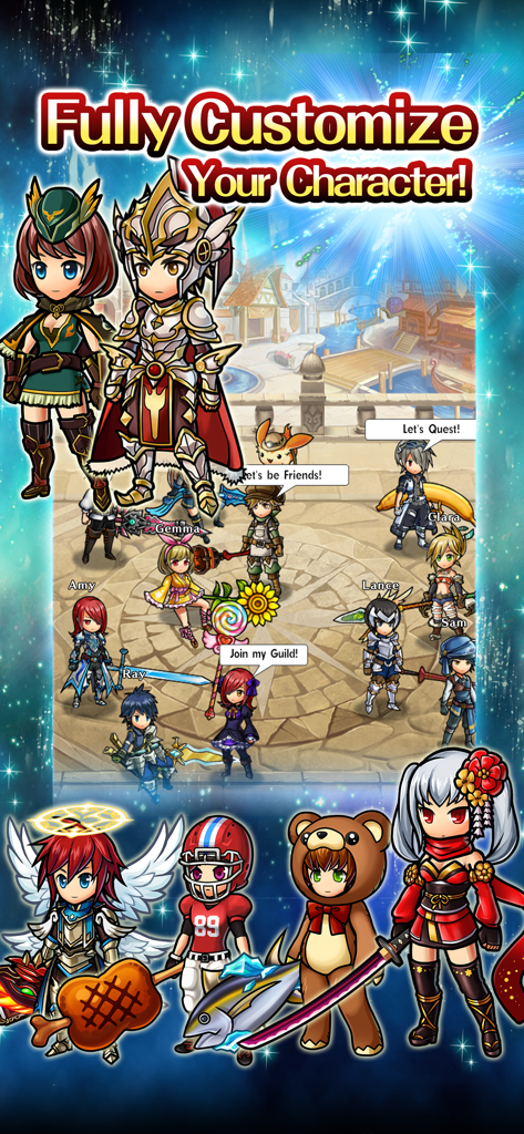 Diverse anime avatars with unique outfits and gear interacting in the Unison League social lobby