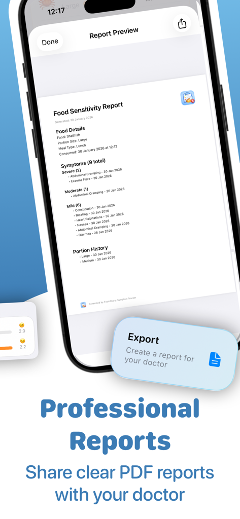 Food Diary: Symptom Tracker - Una vista previa de un informe profesional de sensibilidad alimentaria en la aplicación Diario de Alimentos para compartir con un médico.