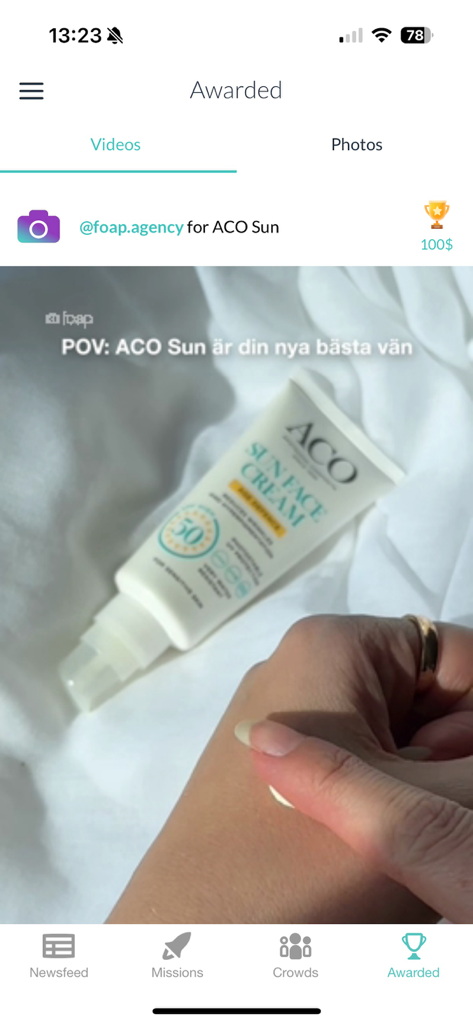 Foap app interface showing an awarded video mission for a skincare brand with a 100 dollar prize