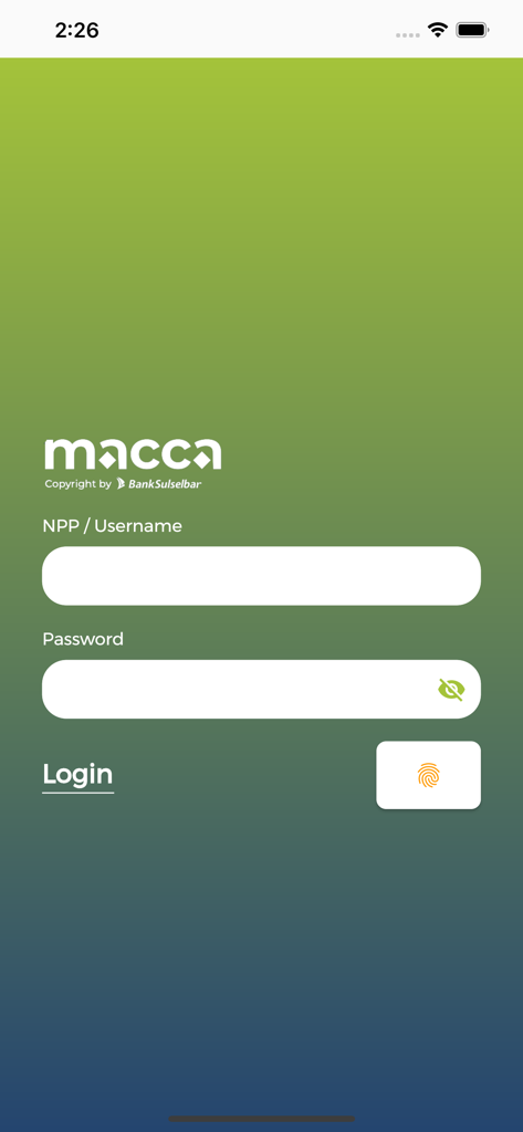 Macca Apps - Login screen for Macca Apps by Bank Sulselbar with username and password input fields and biometric authentication option