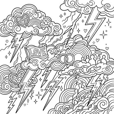 Unleash your creativity with this electrifying coloring page, celebrating Pride Month with powerful thunderclouds and symbols of love. Discover intricate details like hearts, rainbows, and unity in this vibrant design, perfect for expressing joy and solidarity.