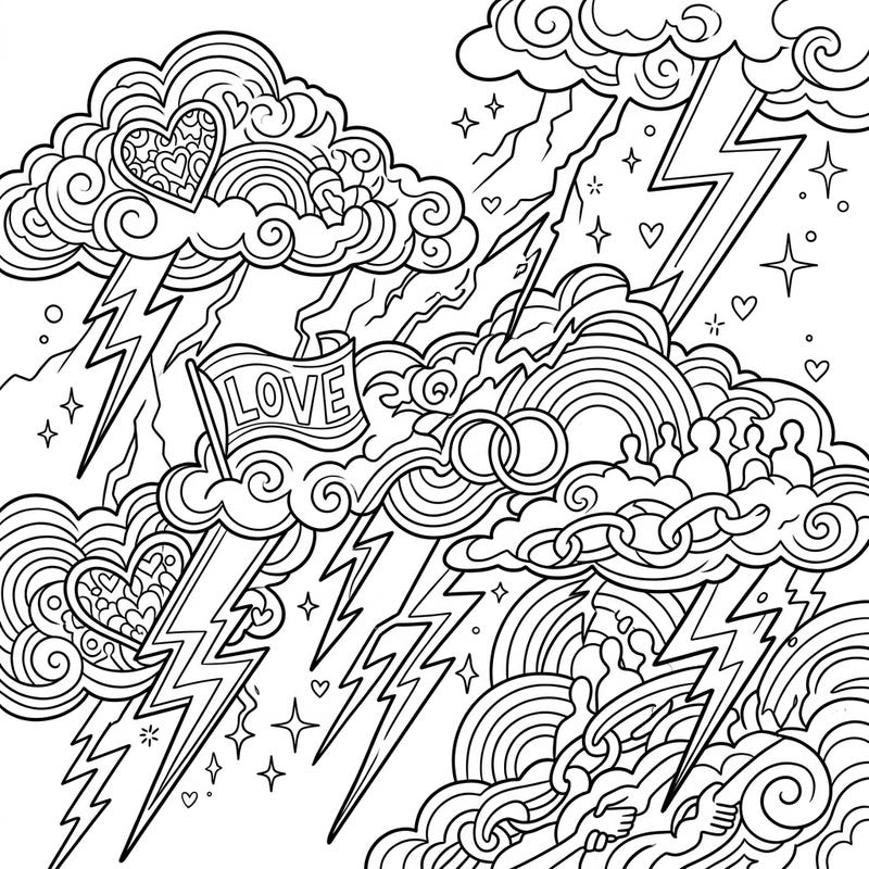 Unleash your creativity with this electrifying coloring page, celebrating Pride Month with powerful thunderclouds and symbols of love. Discover intricate details like hearts, rainbows, and unity in this vibrant design, perfect for expressing joy and solidarity.