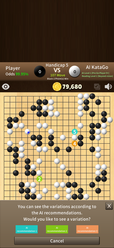 AI KataGo Go - AI KataGo Go Mobile-Oberfläche, die ein Go-Brett mit KI-empfohlenen Zügen und einem Pop-up zur Variationsanalyse zeigt