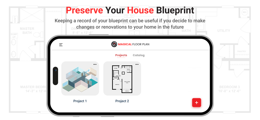 Magical Floor Planner | Design - Magical Floor Plannerアプリ内の2Dおよび3Dの間取りプロジェクトを表示しているスマートフォンの画面