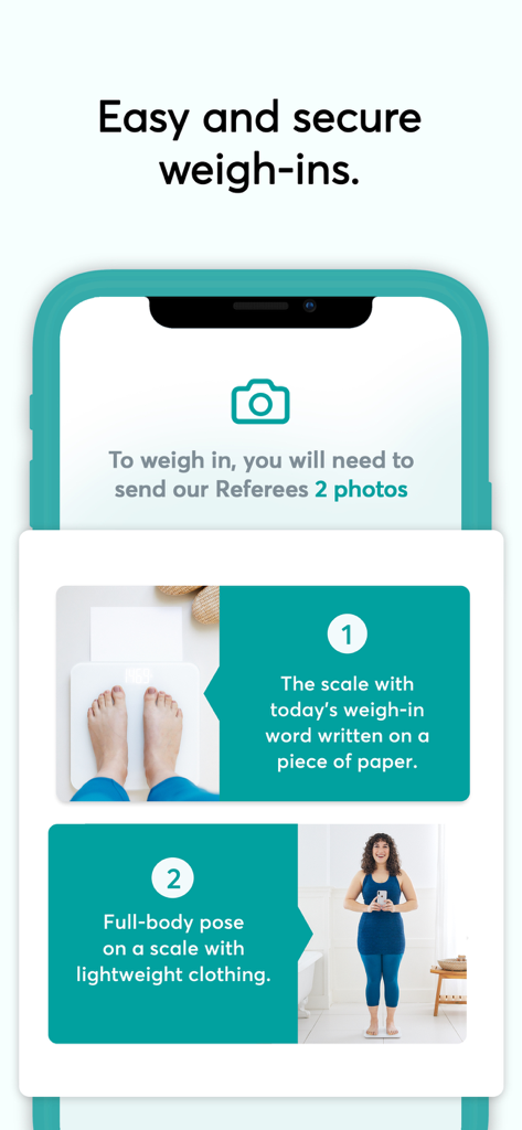 DietBet app interface explaining the two-step secure weigh-in process with photo instructions