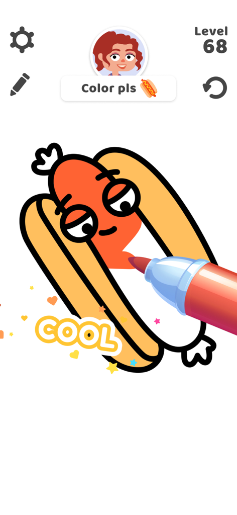Color Page 2 ASMR - Art game - Screenshot of a mobile coloring game where a user is using a red marker to color a cartoon hotdog character with a face.
