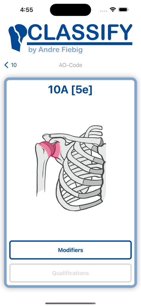 Classify - FractureCode - Interface of Classify FractureCode app displaying an anatomical diagram of a shoulder fracture with AO code 10A