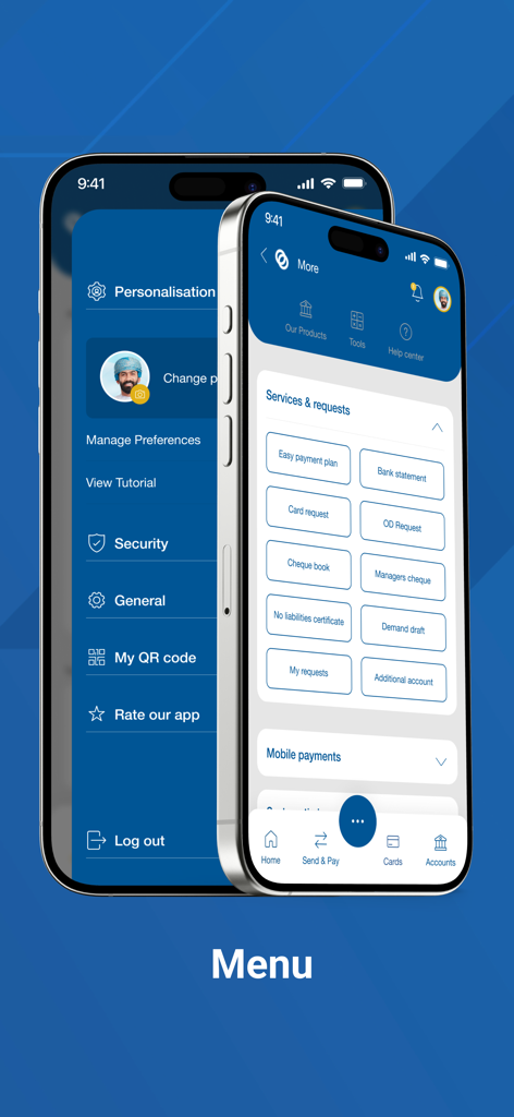 Ahlibank M-Bank - Menu and services screens of the Ahlibank M-Bank mobile application
