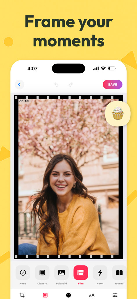 Sweet Selfie Camera - Editor - Sweet Selfie Camera app displaying a film strip photo frame effect on a portrait