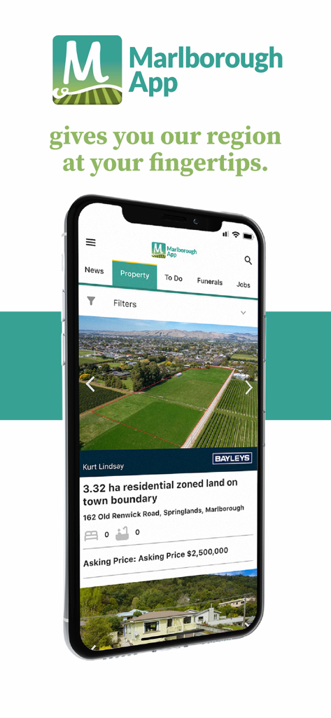 Marketinggrafik für die Marlborough App, die eine Immobilienanzeige auf einem Smartphone-Bildschirm zeigt.