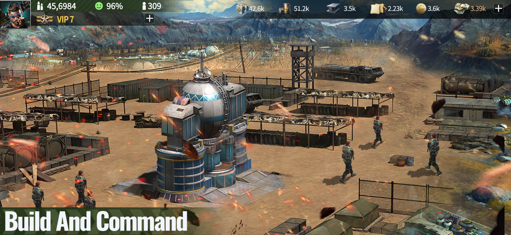 War Games - Commander - A strategic overview of a military base in the desert with soldiers and resource indicators from War Games Commander