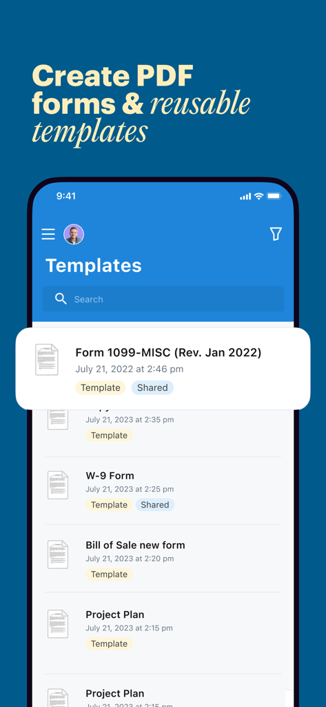 Schermata dell'app DocHub che mostra l'interfaccia per la gestione e la creazione di modelli PDF riutilizzabili