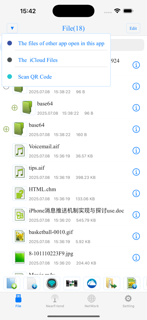 File Manager$ - A file list interface in the File Manager app showing folders and various document types with an open options menu.