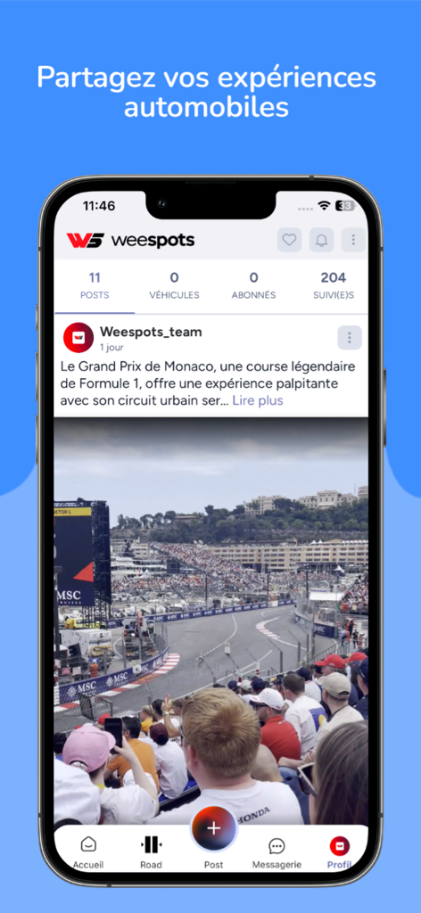 Interfaz de la aplicación Weespots que muestra un feed social para entusiastas de los coches con una publicación sobre el Gran Premio de Mónaco