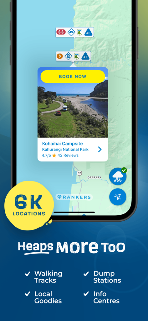 Map view of the Rankers Camping NZ app showing Kōhaihai Campsite in Kahurangi National Park with booking and travel utility icons.