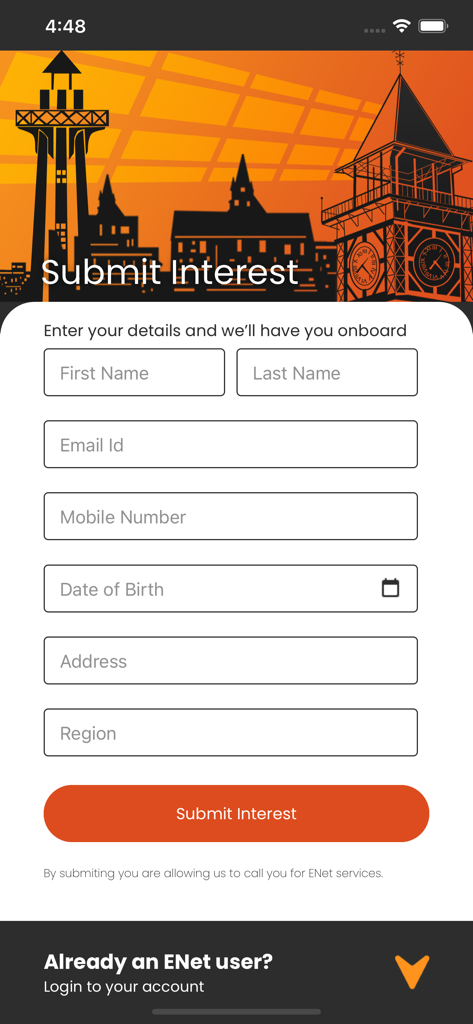 My ENet - Submit Interest registration form for new ENet customers featuring fields for name, contact, and address.