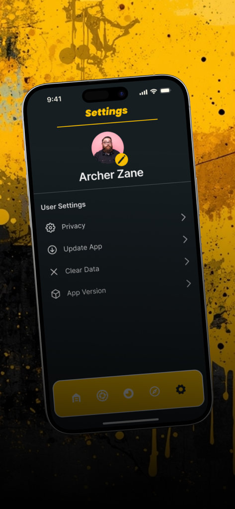 Écran des paramètres utilisateur de l'application MB Mind Balance Rituals présentant un profil pour Archer Zane et des options de confidentialité et de mises à jour de l'application dans une interface sombre minimaliste.