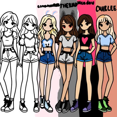 a group of girls wearing crop tops and shorts