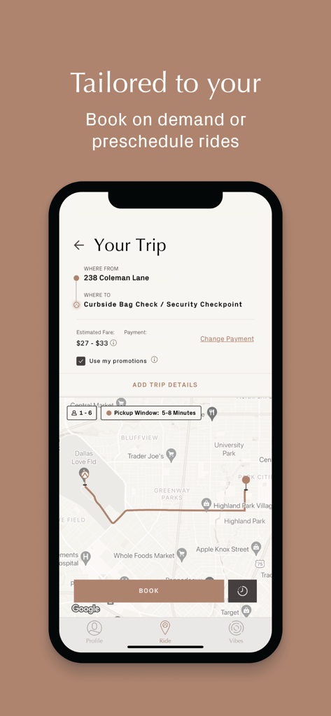 Alto - Alto app screen showing trip details from Coleman Lane to a security checkpoint with an estimated fare and route map