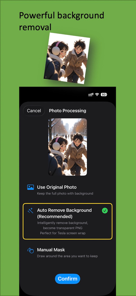 Wrap For Tesla - A screenshot of the Wrap For Tesla app showing the automatic background removal tool for custom photos.