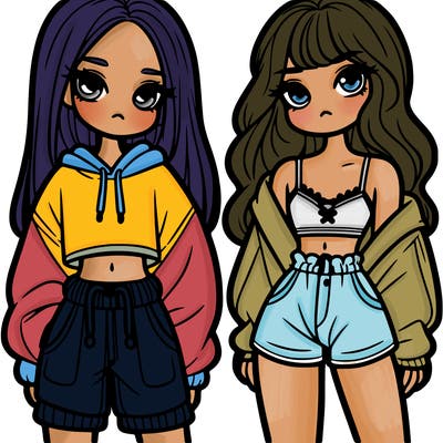 two girls one in baggy clothes the other in crop top and shorts