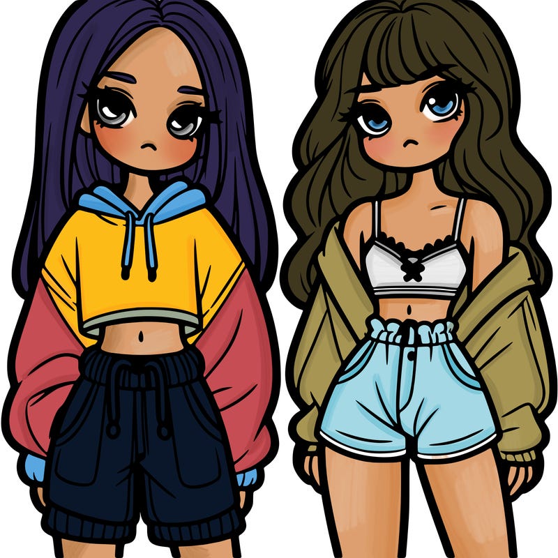 two girls one in baggy clothes the other in crop top and shorts
