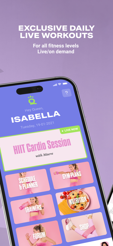 QDQ - Queens Don’t Quitフィットネスアプリのインターフェース。Maeveと様々な健康・フィットネスカテゴリーが登場するHIITカーディオセッションを表示