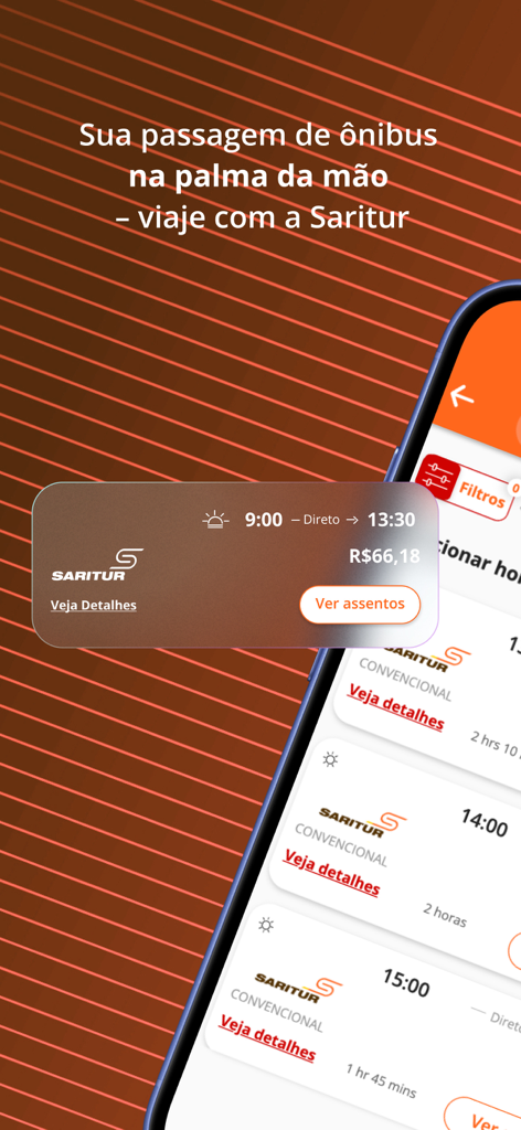 Interfaz de la app Saritur Viagens mostrando horarios de viajes en autobús y precios de reserva de tickets en un smartphone