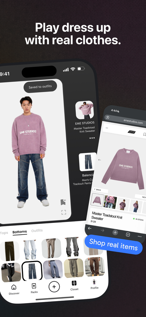 Stylar - Interfaz de la app Stylar mostrando una prueba virtual de un suéter morado y jeans de pierna ancha con un enlace de compra