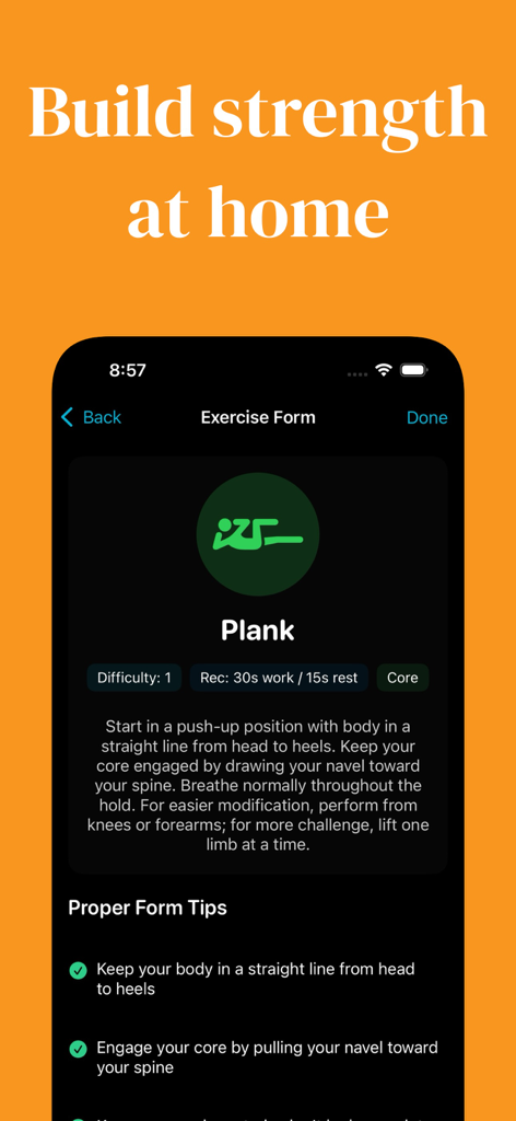 Core30: Abs & Core Workout App - Core30 app screen showing plank exercise instructions and proper form tips