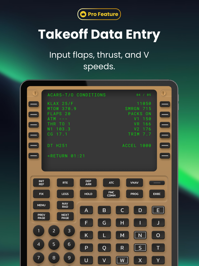 FMS Trainer: B747 - B747 FMS trainer app showing takeoff data entry for flaps and speeds