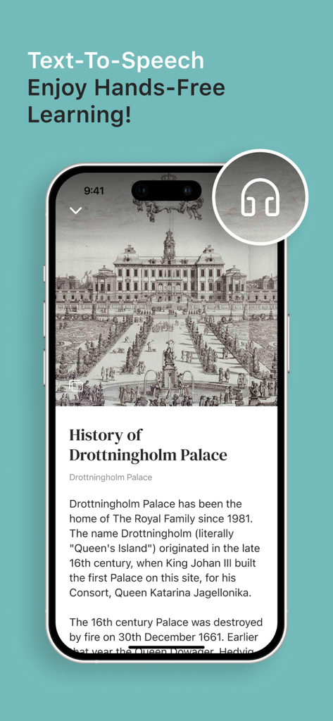 Captura de pantalla de un teléfono inteligente que muestra la historia del Palacio de Drottningholm con un ícono de función de audio de texto a voz.