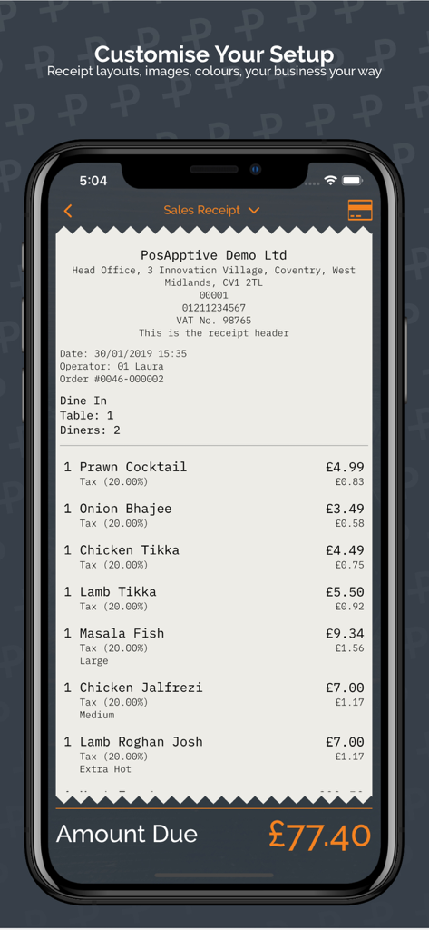 Smartphone screen showing a customizable digital sales receipt within the PosApptive POS app
