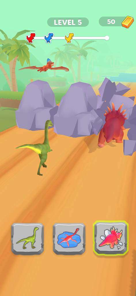 Dino Race: Dinosaur Games - Un dinosaurio rojo destrozando rocas púrpuras en el juego Dino Race