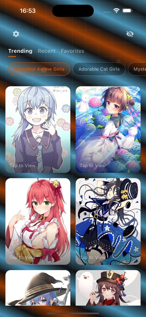 hianime anime tv - hianime app screen showing trending anime girl wallpapers and category filters