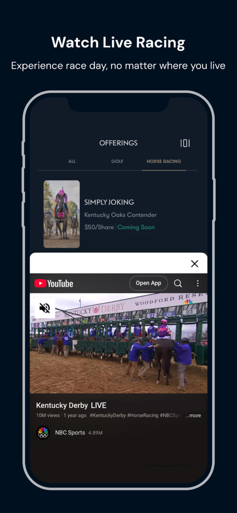 CMNWLTH - Mobile app interface showing a live stream of the Kentucky Derby with horse ownership options.