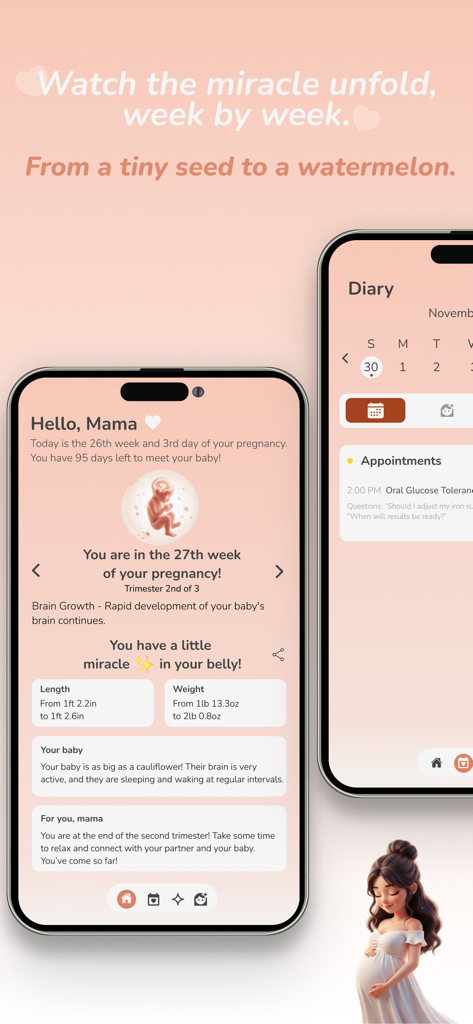 Pregnancy Tracker: Mama - Mama pregnancy tracker app showing week 27 progress and baby development details.