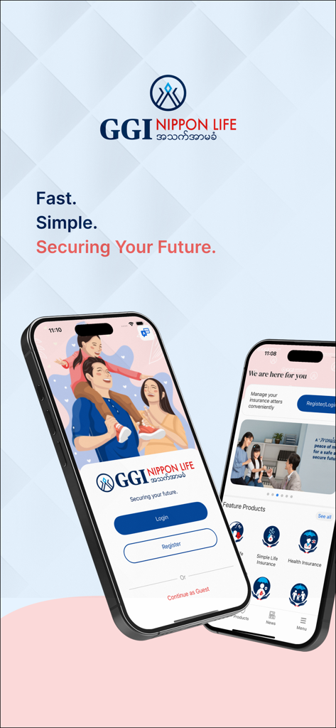 GGI Nippon Life - Interfaz de la aplicación móvil GGI Nippon Life mostrando la pantalla de inicio de sesión y las categorías de productos de seguros en iPhone