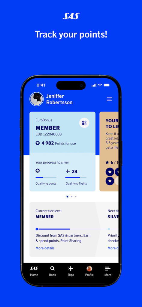 SAS – Scandinavian Airlines - SASアプリの画面。EuroBonus会員ポイントとステータス進捗状況が表示されています