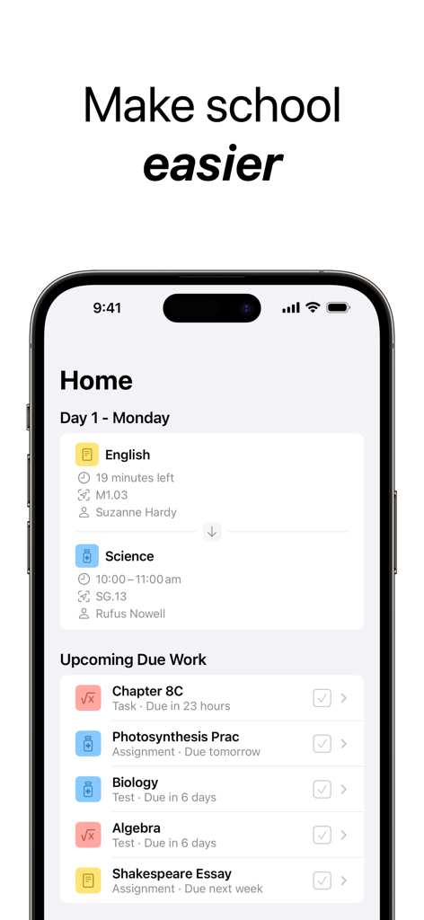 Schooly App-Oberfläche mit einem Studenten-Stundenplan und einer Liste anstehender Schularbeiten