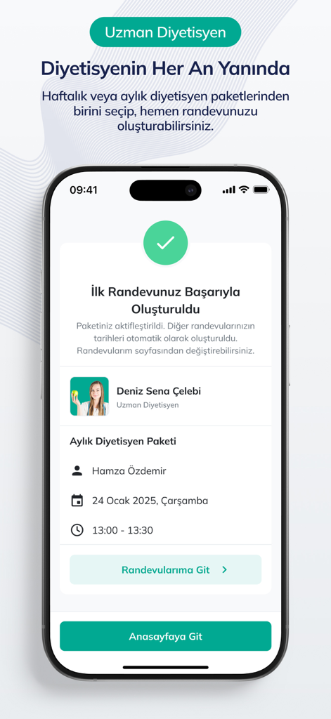 Elra: Sağlık Olsun - Pantalla de confirmación para una cita en línea programada con un dietista en la aplicación de atención médica Elra