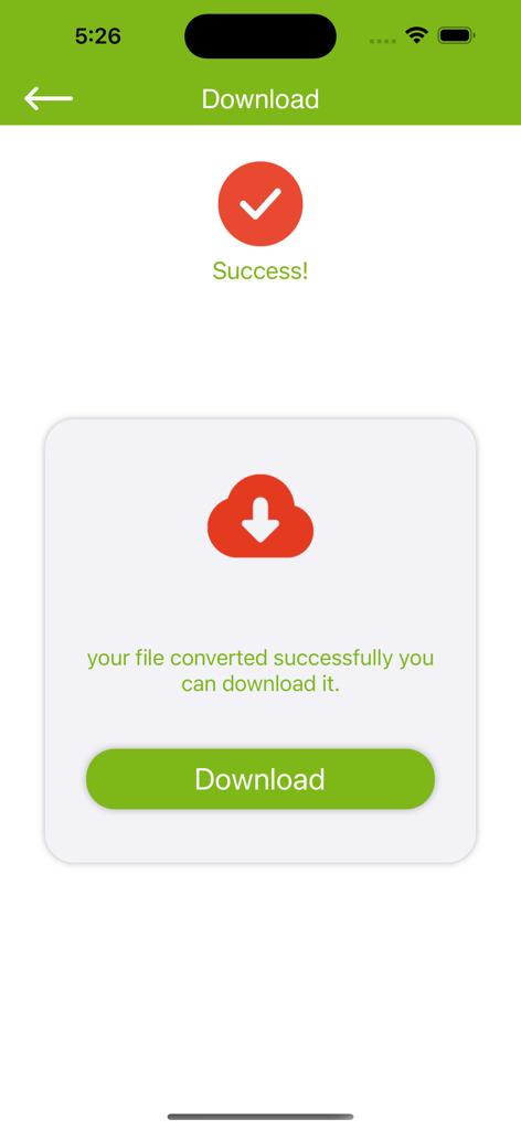 PDF To EPUB App - Confirmation screen of a successful PDF to EPUB conversion with a green download button