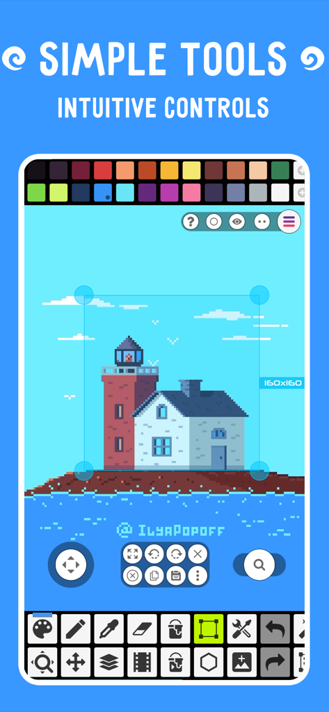 Pixel Studio app interface displaying intuitive tools and a pixel art lighthouse.