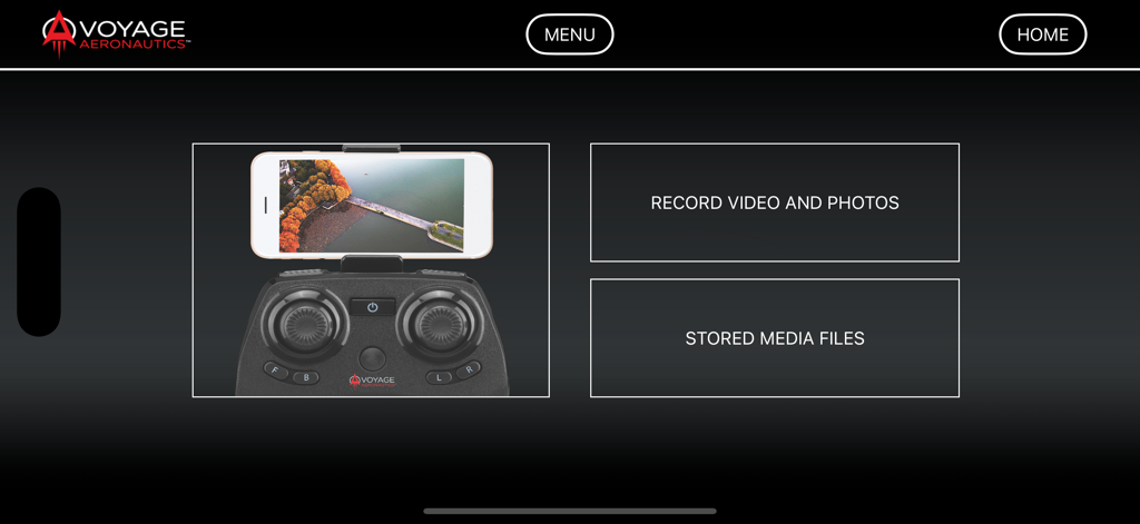 VA-1000 - VA-1000 drone app home screen featuring buttons for record video and photos and stored media files alongside a drone remote controller with a smartphone mount