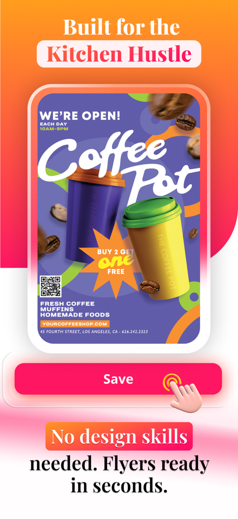 MenuSnap: Flyer Maker - Uma interface móvel para o aplicativo MenuSnap mostrando um modelo profissional de folheto para cafeteria pronto para ser salvo.
