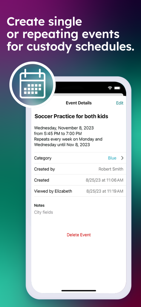 TalkingParents app shared calendar screen showing a soccer practice event with viewed status for co-parents