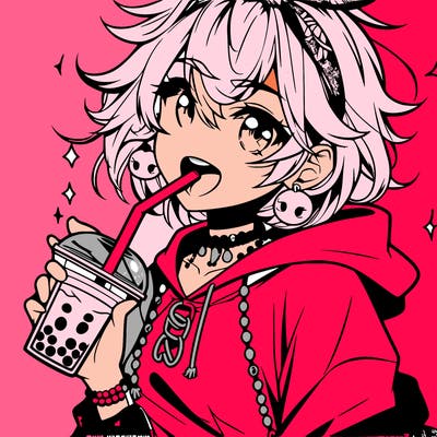 hot baddie anime girl drinking boba and biting the straw