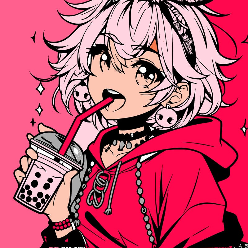 hot baddie anime girl drinking boba and biting the straw