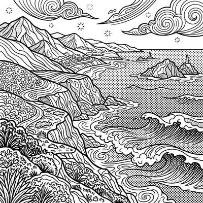 Explore the breathtaking beauty of Coastal Valleys reimagined in an energetic Pop Art style. This unique coloring page features bold outlines and halftone dot patterns across a dynamic seaside landscape, from mountains to crashing waves.